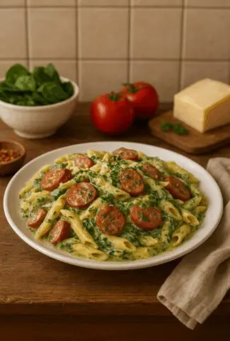 Al Pastor Sausage Pasta in Creamy Spinach Sauce