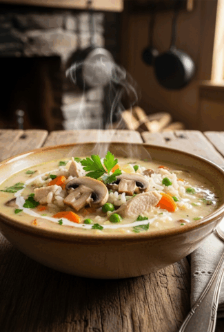 Creamy Hearty Mushroom, Chicken, Rice & Vegetable Soup