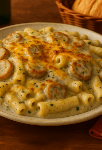 Creamy Mushroom Sausage Rigatoni Bake