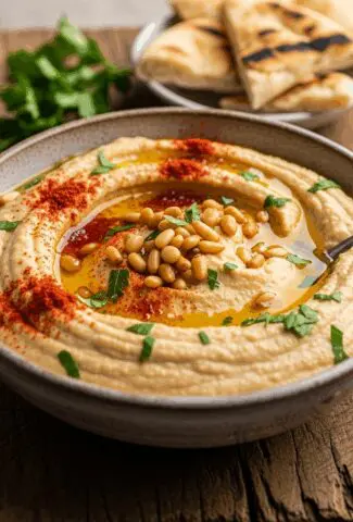Roasted Garlic Hummus with Pine Nuts
