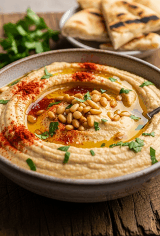 Roasted Garlic Hummus with Pine Nuts
