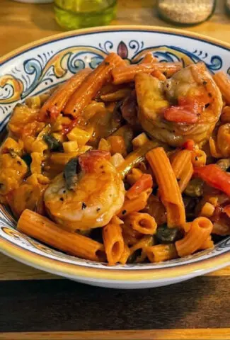 Grilled Spiced Shrimp with Sedani Red Lentil Pasta