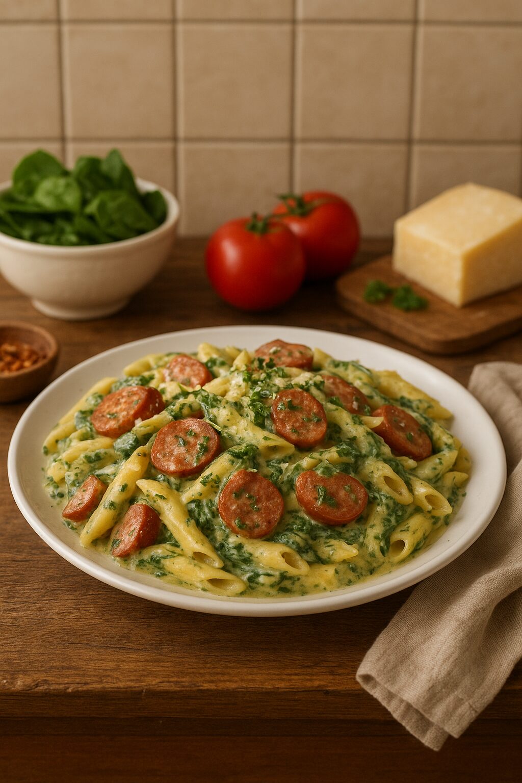 Al Pastor Sausage Pasta in Creamy Spinach Sauce