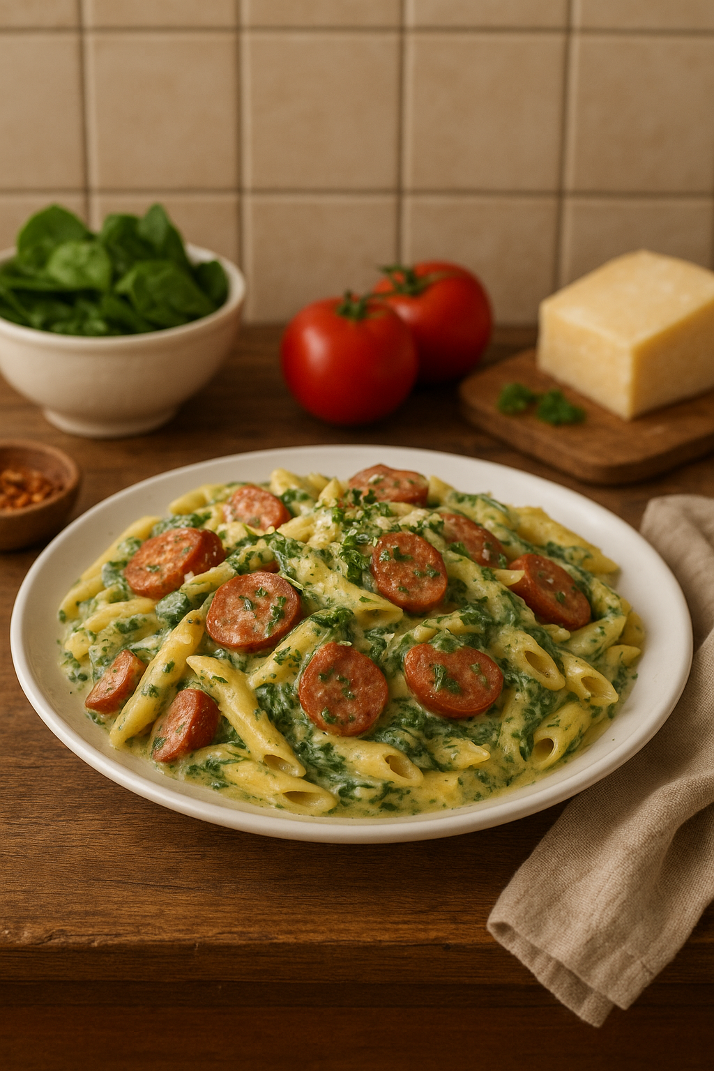 Al Pastor Sausage Pasta in Creamy Spinach Sauce