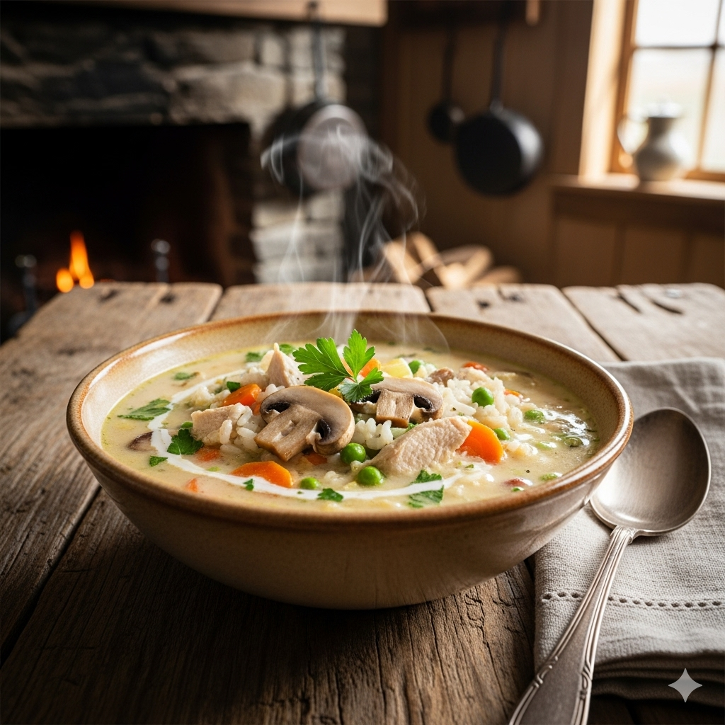 Creamy Hearty Mushroom, Chicken, Rice & Vegetable Soup