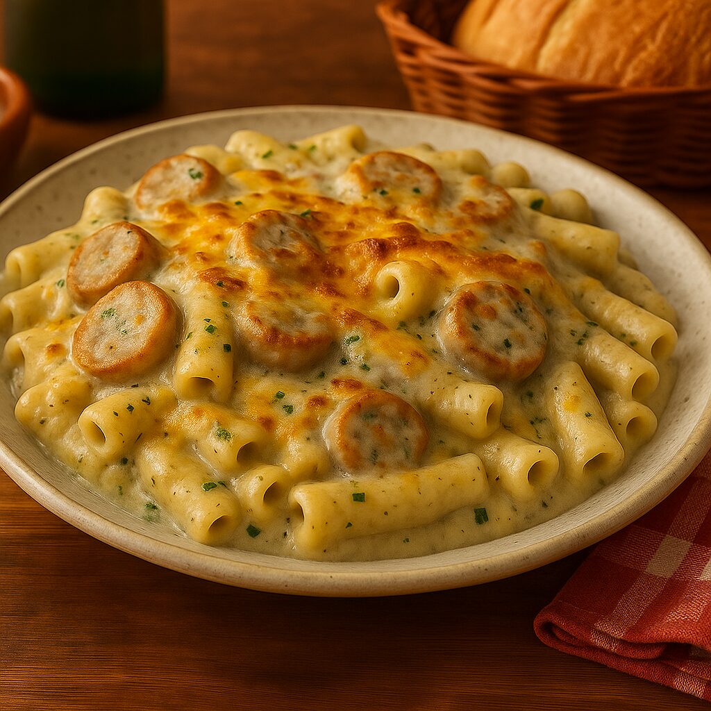 Creamy Mushroom Sausage Rigatoni Bake