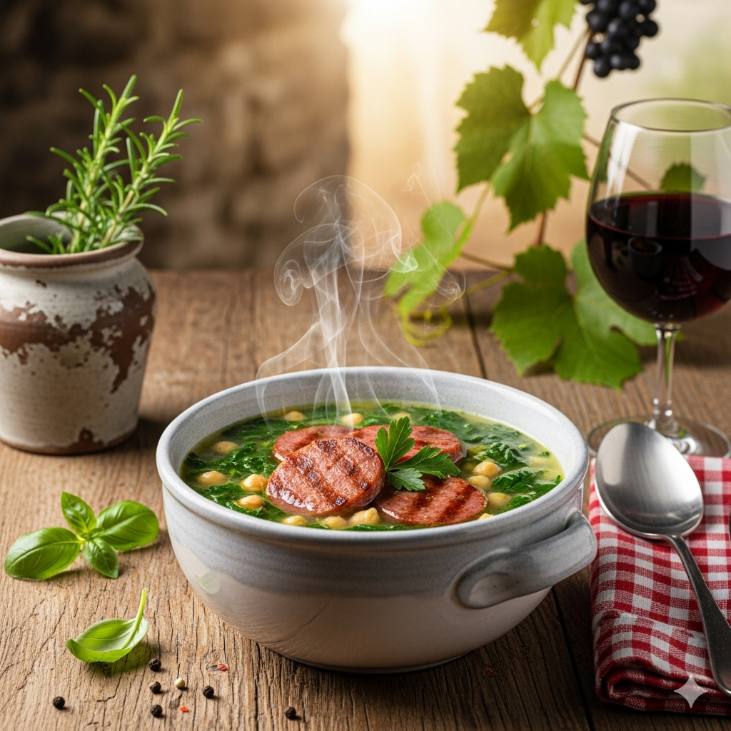 Hearty Chickpea & Spinach Soup with Grilled Hot Italian Sausage
