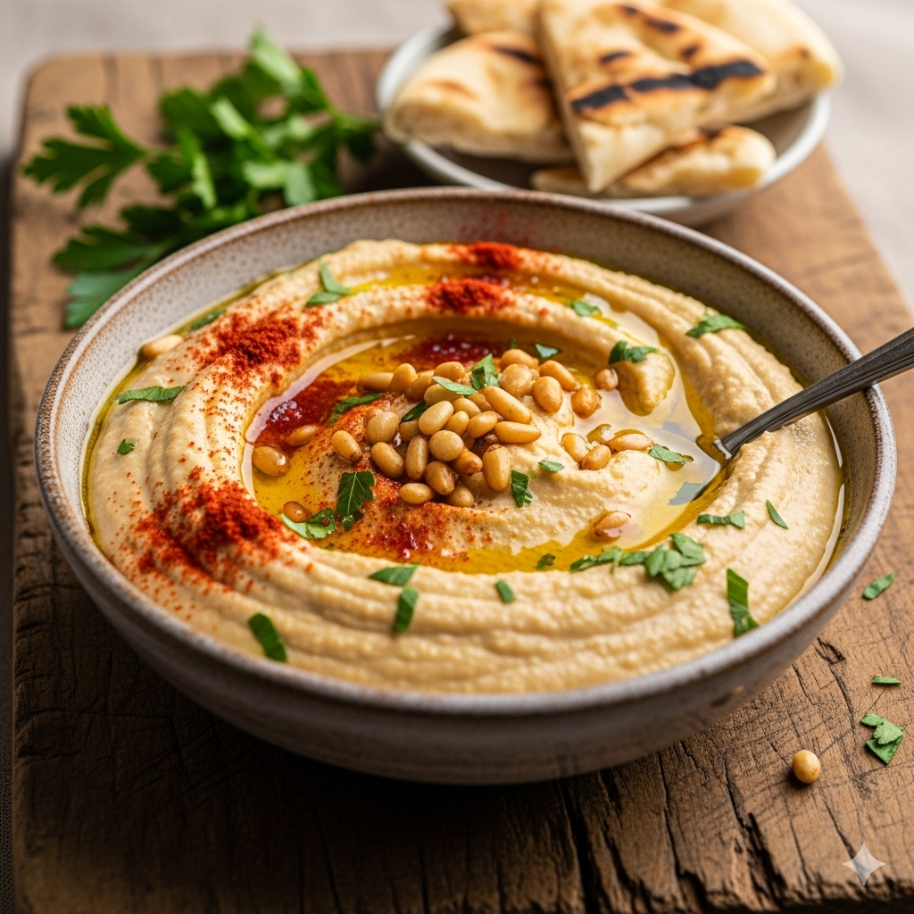 Roasted Garlic Hummus with Pine Nuts