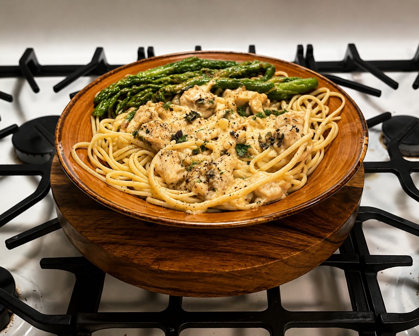 Butter Poached Lobster Tails in Garlic, Caper, Sauce over Fettuccine