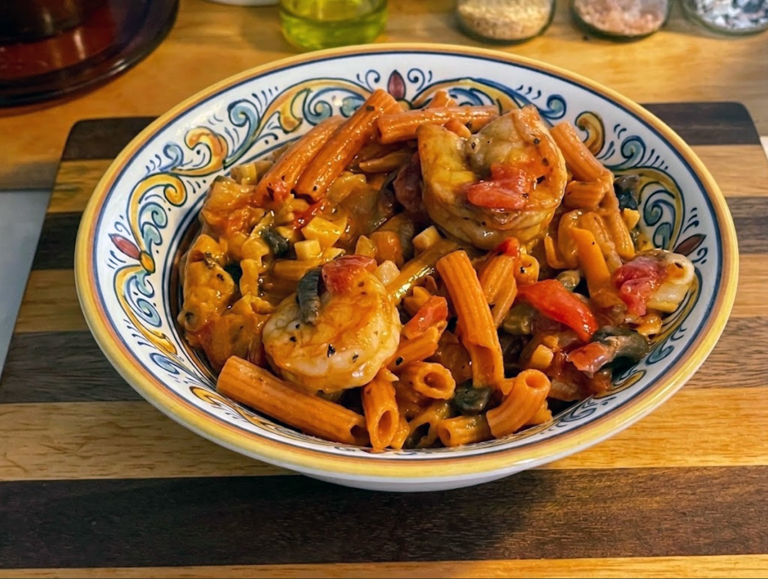 Grilled Spiced Shrimp with Sedani Red Lentil Pasta
